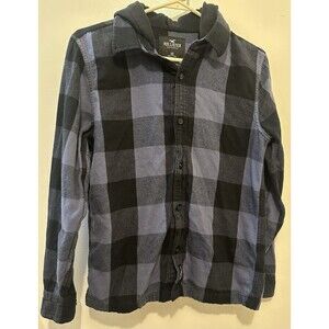 Ladies HOLLISTER Hooded Flannel Check Button Up Shirt Blue Black Size XS